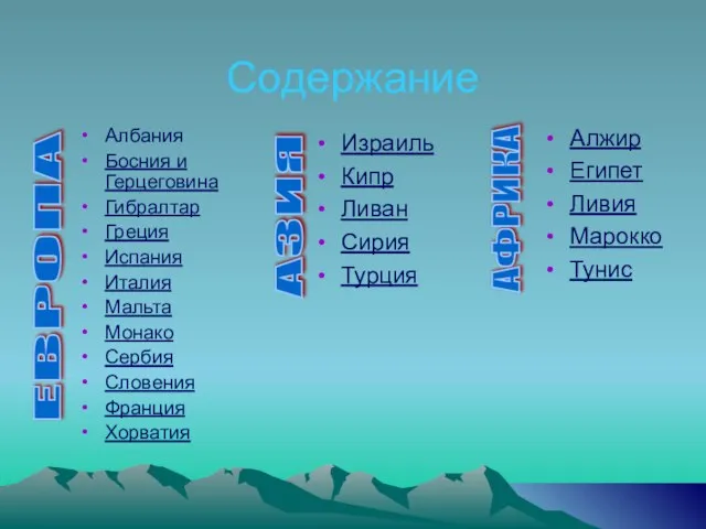 Содержание Албания Босния и Герцеговина Гибралтар Греция Испания Италия Мальта Монако