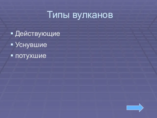 Типы вулканов Действующие Уснувшие потухшие