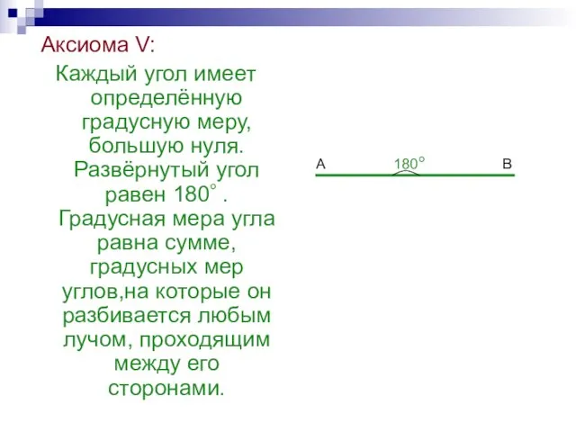 Аксиома V: Каждый угол имеет определённую градусную меру, большую нуля. Развёрнутый