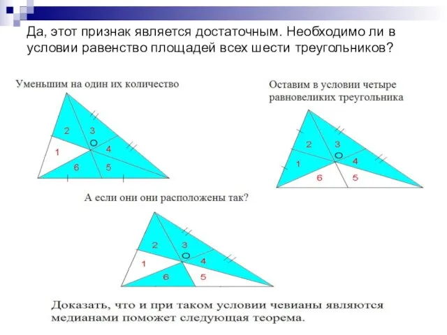 Да, этот признак является достаточным. Необходимо ли в условии равенство площадей всех шести треугольников?