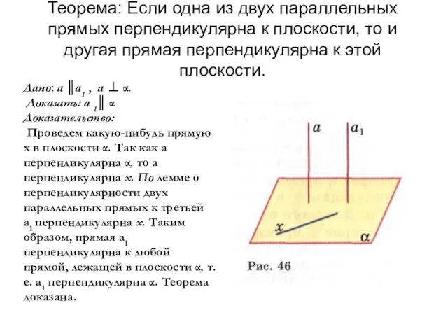 Теорема: Если одна из двух параллельных прямых перпендикулярна к плоскости, то