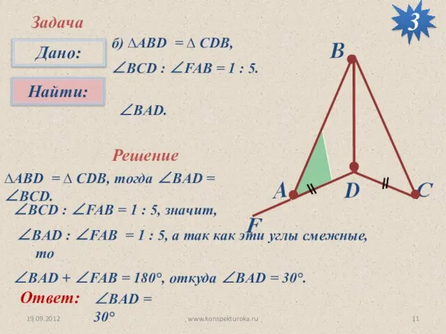 19.09.2012 www.konspekturoka.ru Задача б) ∆АВD = ∆ CDB, ∠BCD : ∠FAB