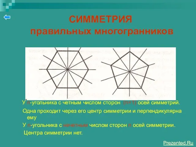 СИММЕТРИЯ правильных многогранников У n-угольника с четным числом сторон (n+1) осей