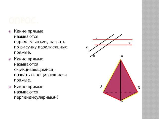 Опрос. Какие прямые называются параллельными, назвать по рисунку параллельные прямые. Какие