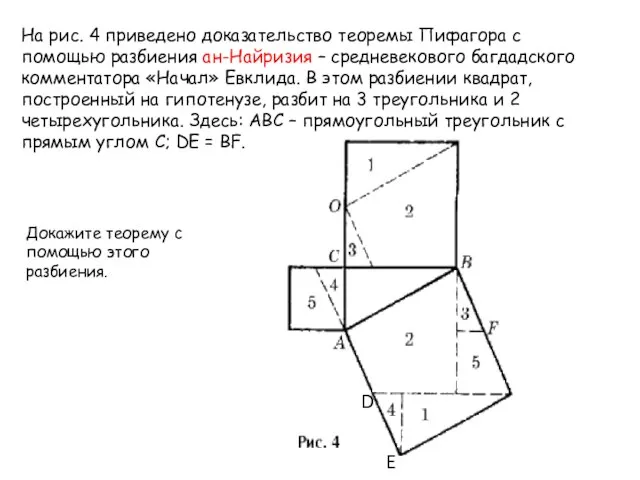 На рис. 4 приведено доказательство теоремы Пифагора с помощью разбиения ан-Найризия