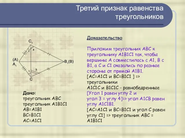 Третий признак равенства треугольников Дано: треугольник ABC треугольник A1B1C1 АB=A1B1 BC=B1C1