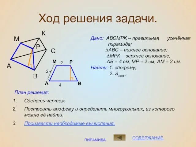 ПИРАМИДА Ход решения задачи. Дано: ABCMPK – правильная усечённая пирамида; ∆АВС