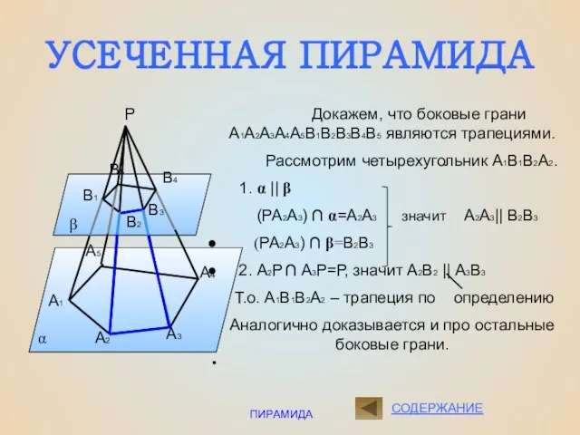 ПИРАМИДА УСЕЧЕННАЯ ПИРАМИДА α β Р Докажем, что боковые грани А1А2А3А4А5В1В2В3В4В5