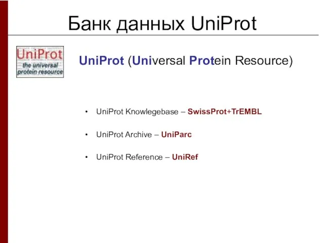 Банк данных UniProt UniProt (Universal Protein Resource) UniProt Knowlegebase – SwissProt+TrEMBL