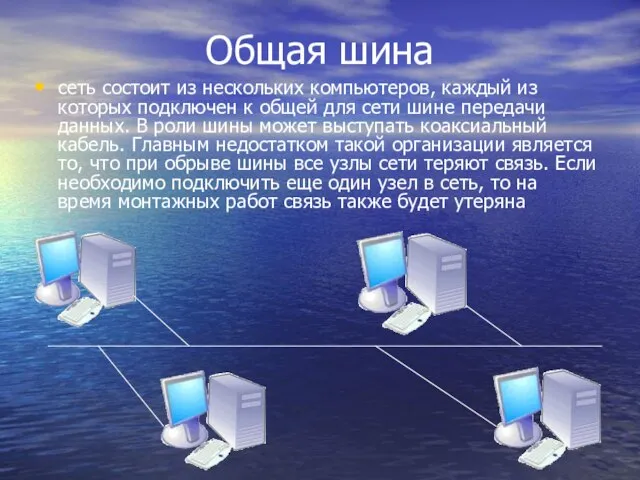 Общая шина сеть состоит из нескольких компьютеров, каждый из которых подключен