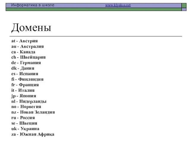 Домены at - Австрия au - Австралия ca - Канада ch