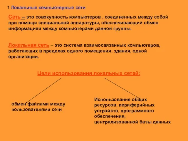 1 Локальные компьютерные сети Сеть – это совокупность компьютеров , соединенных