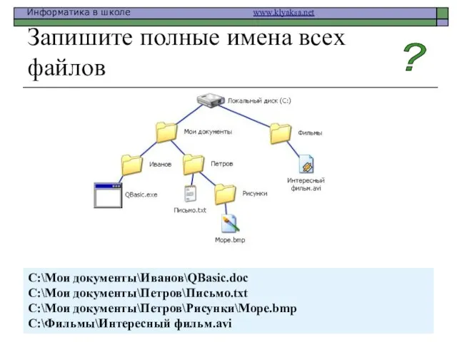 Запишите полные имена всех файлов C:\Мои документы\Иванов\QBasic.doc C:\Мои документы\Петров\Письмо.txt C:\Мои документы\Петров\Рисунки\Море.bmp C:\Фильмы\Интересный фильм.avi ?