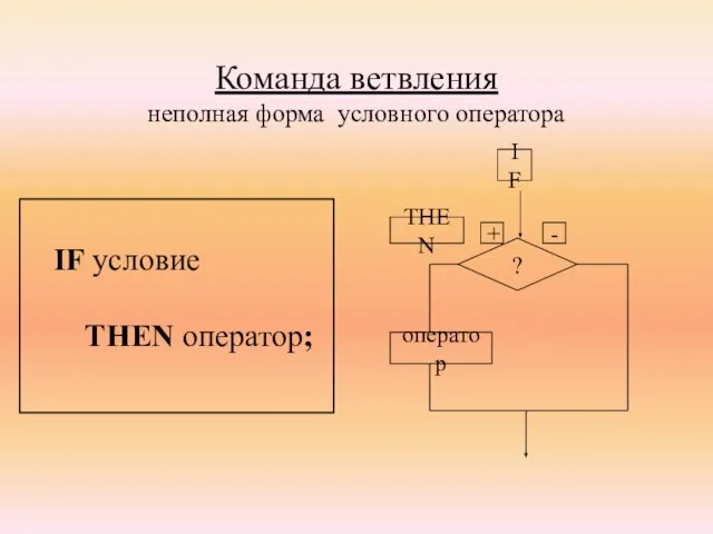 Команда ветвления неполная форма условного оператора IF условие THEN оператор;