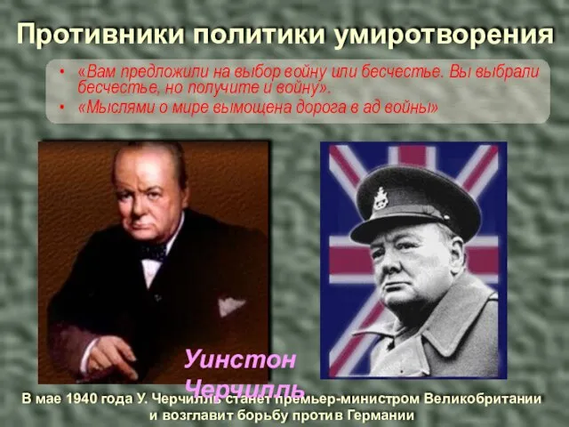 Противники политики умиротворения «Вам предложили на выбор войну или бесчестье. Вы