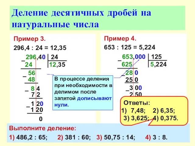 Пример 3. 296,4 : 24 = 12,35 Деление десятичных дробей на