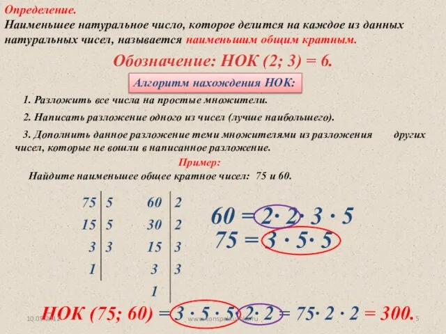 Обозначение: НОК (2; 3) = 6. Алгоритм нахождения НОК: Пример: Найдите