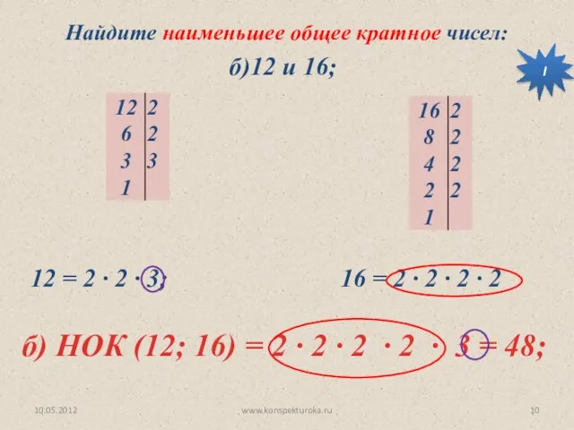 10.05.2012 www.konspekturoka.ru б) НОК (12; 16) = 2 ∙ 2 ∙