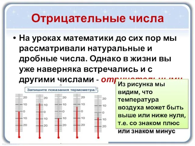 Отрицательные числа На уроках математики до сих пор мы рассматривали натуральные