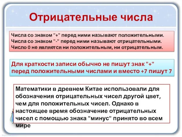 Числа со знаком "+" перед ними называют положительными. Числа со знаком