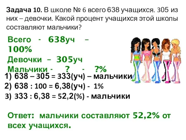 Задача 10. В школе № 6 всего 638 учащихся. 305 из