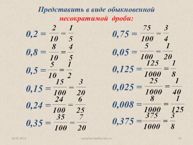 Представить в виде обыкновенной несократимой дроби: 0,2 = 0,8 = 0,5