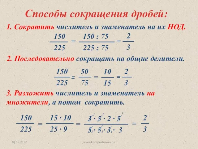 Способы сокращения дробей: 1. Сократить числитель и знаменатель на их НОД.