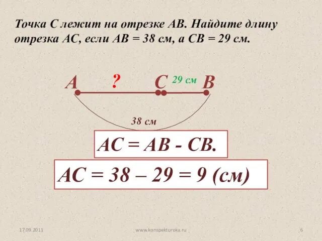 17.09.2011 www.konspekturoka.ru Точка С лежит на отрезке АВ. Найдите длину отрезка