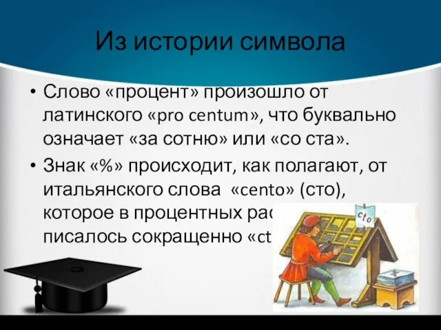 Из истории символа Слово «процент» произошло от латинского «pro centum», что