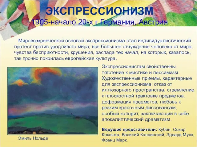 ЭКСПРЕССИОНИЗМ 1905-начало 20-х г Германия, Австрия Мировоззренческой основой экспрессионизма стал индивидуалистический