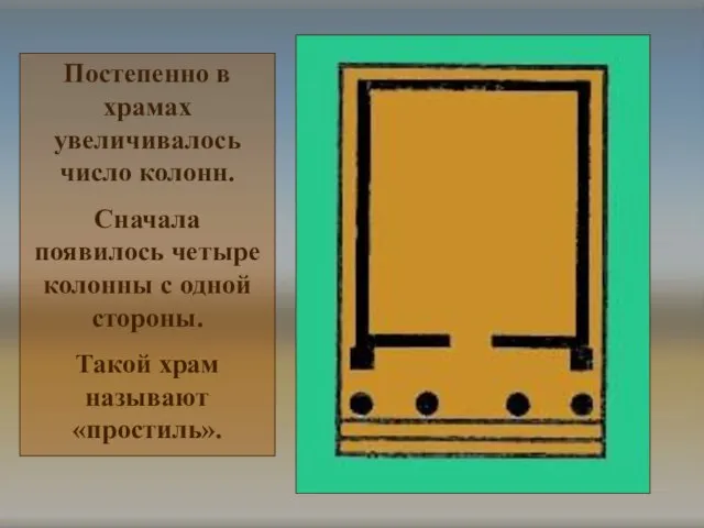 Постепенно в храмах увеличивалось число колонн. Сначала появилось четыре колонны с