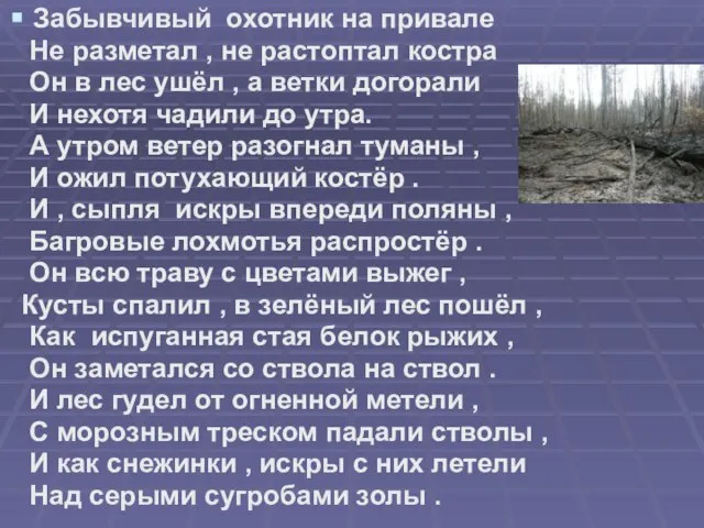 Забывчивый охотник на привале Не разметал , не растоптал костра Он