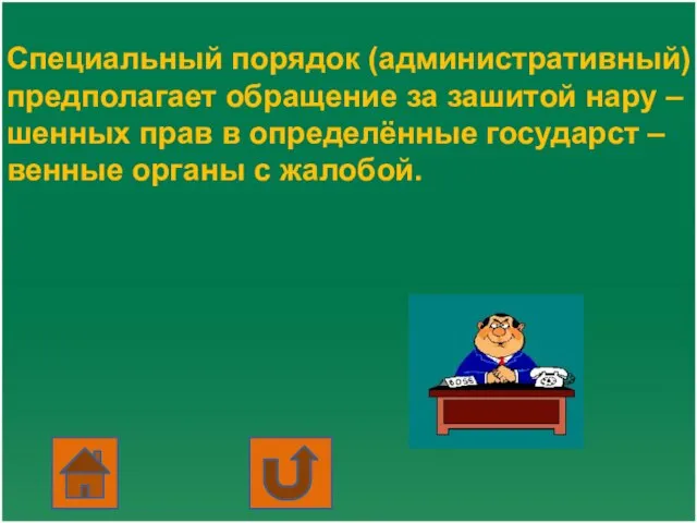 Специальный порядок (административный) предполагает обращение за зашитой нару – шенных прав