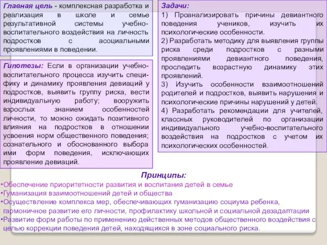 Главная цель - комплексная разработка и реализация в школе и семье