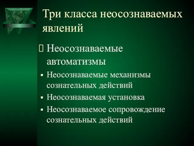 Три класса неосознаваемых явлений Неосознаваемые автоматизмы Неосознаваемые механизмы сознательных действий Неосознаваемая установка Неосознаваемое сопровождение сознательных действий