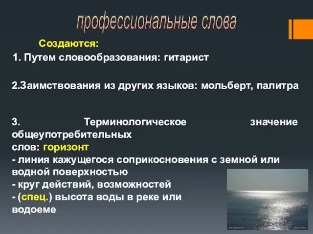 профессиональные слова Создаются: 1. Путем словообразования: гитарист 2.Заимствования из других языков: