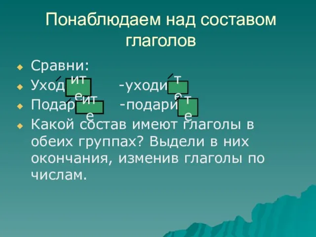 Понаблюдаем над составом глаголов Сравни: Уходите -уходите Подарите -подарите Какой состав