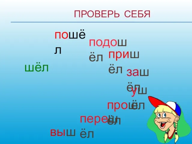 ПРОВЕРЬ СЕБЯ шёл пошёл подошёл пришёл зашёл вышел перешёл прошёл ушёл