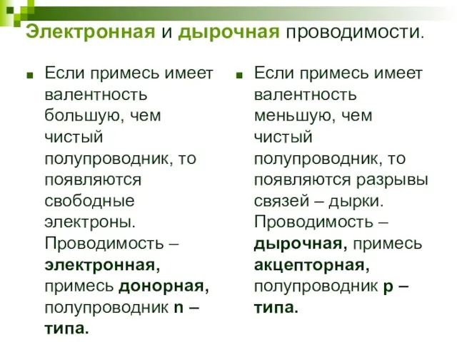 Электронная и дырочная проводимости. Если примесь имеет валентность большую, чем чистый