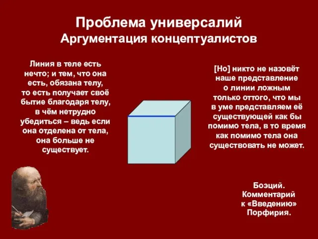 Проблема универсалий Аргументация концептуалистов Линия в теле есть нечто; и тем,