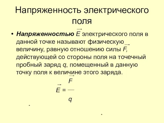 Напряженность электрического поля Напряженностью Е электрического поля в данной точке называют