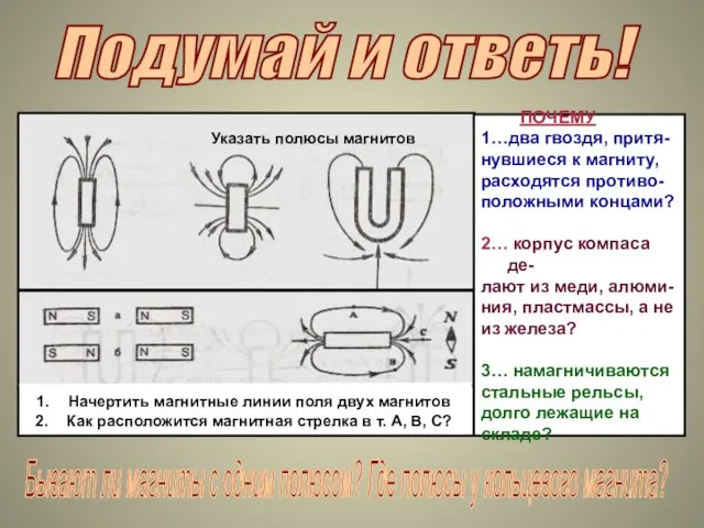 Подумай и ответь! Указать полюсы магнитов Начертить магнитные линии поля двух