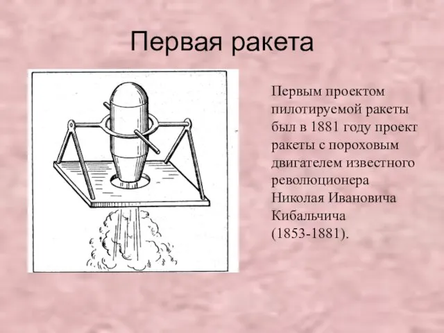 Первым проектом пилотируемой ракеты был в 1881 году проект ракеты с