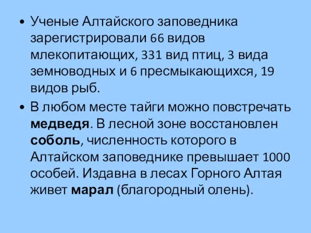 Ученые Алтайского заповедника зарегистрировали 66 видов млекопитающих, 331 вид птиц, 3