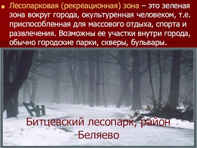 Лесопарковая (рекреационная) зона – это зеленая зона вокруг города, окультуренная человеком,