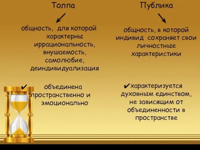 Толпа Публика общность, для которой характерны иррациональность, внушаемость, самолюбие, деиндивидуализация объединена