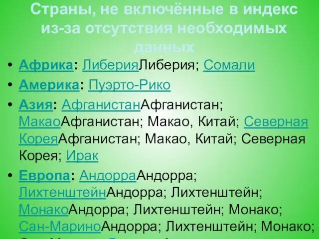 Страны, не включённые в индекс из-за отсутствия необходимых данных Африка: ЛиберияЛиберия;