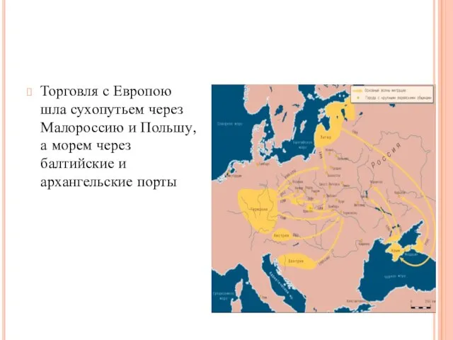 Торговля с Европою шла сухопутьем через Малороссию и Польшу, а морем через балтийские и архангельские порты