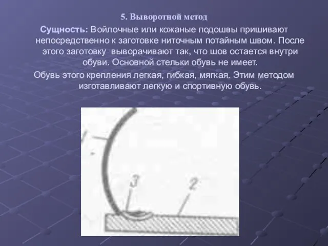 5. Выворотной метод Сущность: Войлочные или кожаные подошвы пришивают непосредственно к