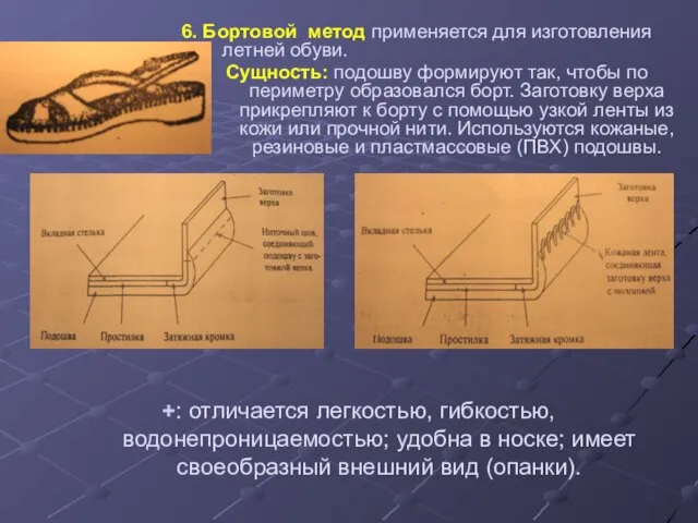 6. Бортовой метод применяется для изготовления летней обуви. Сущность: подошву формируют